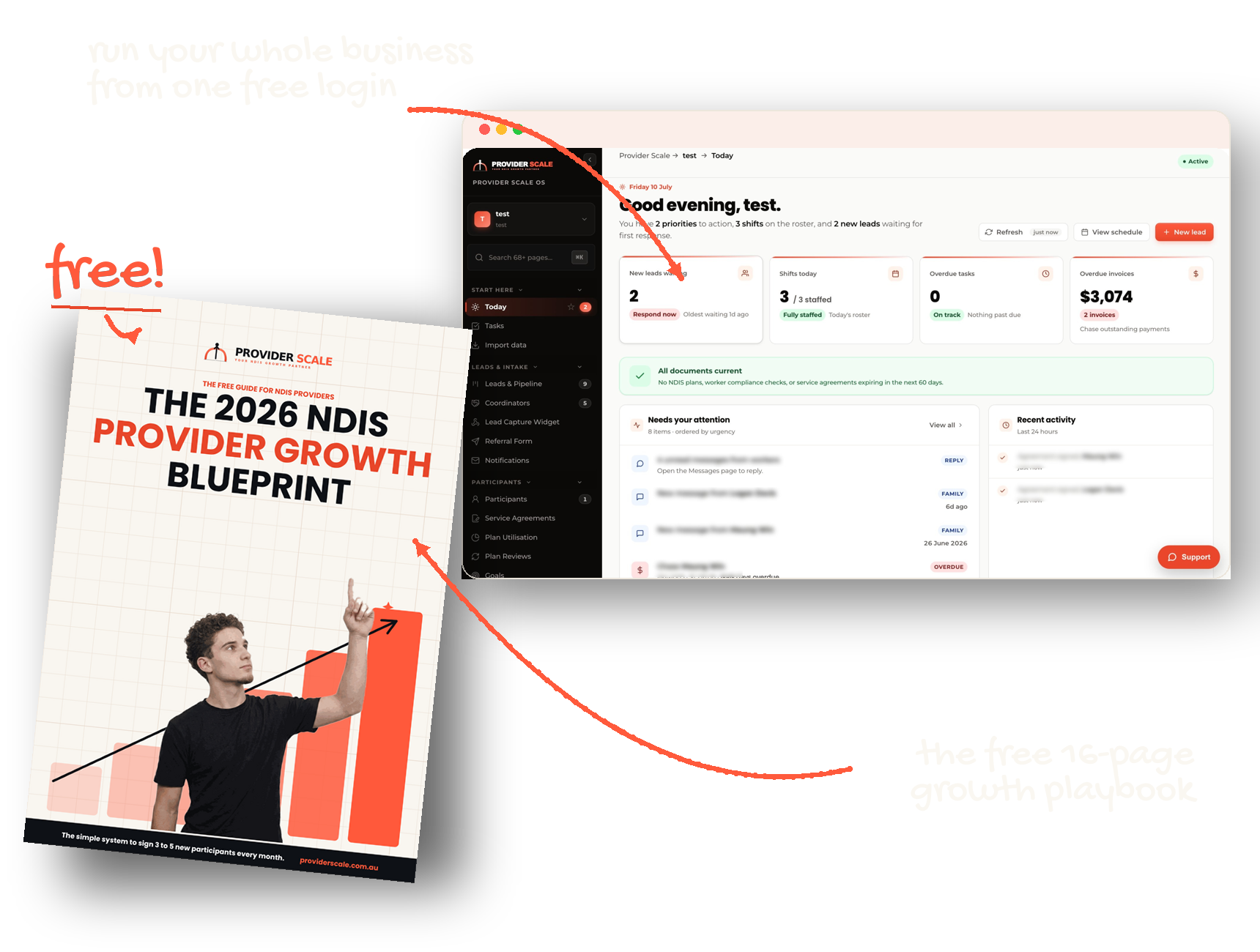 Provider Scale OS dashboard and the 2026 NDIS Provider Growth Blueprint shown together, with callouts