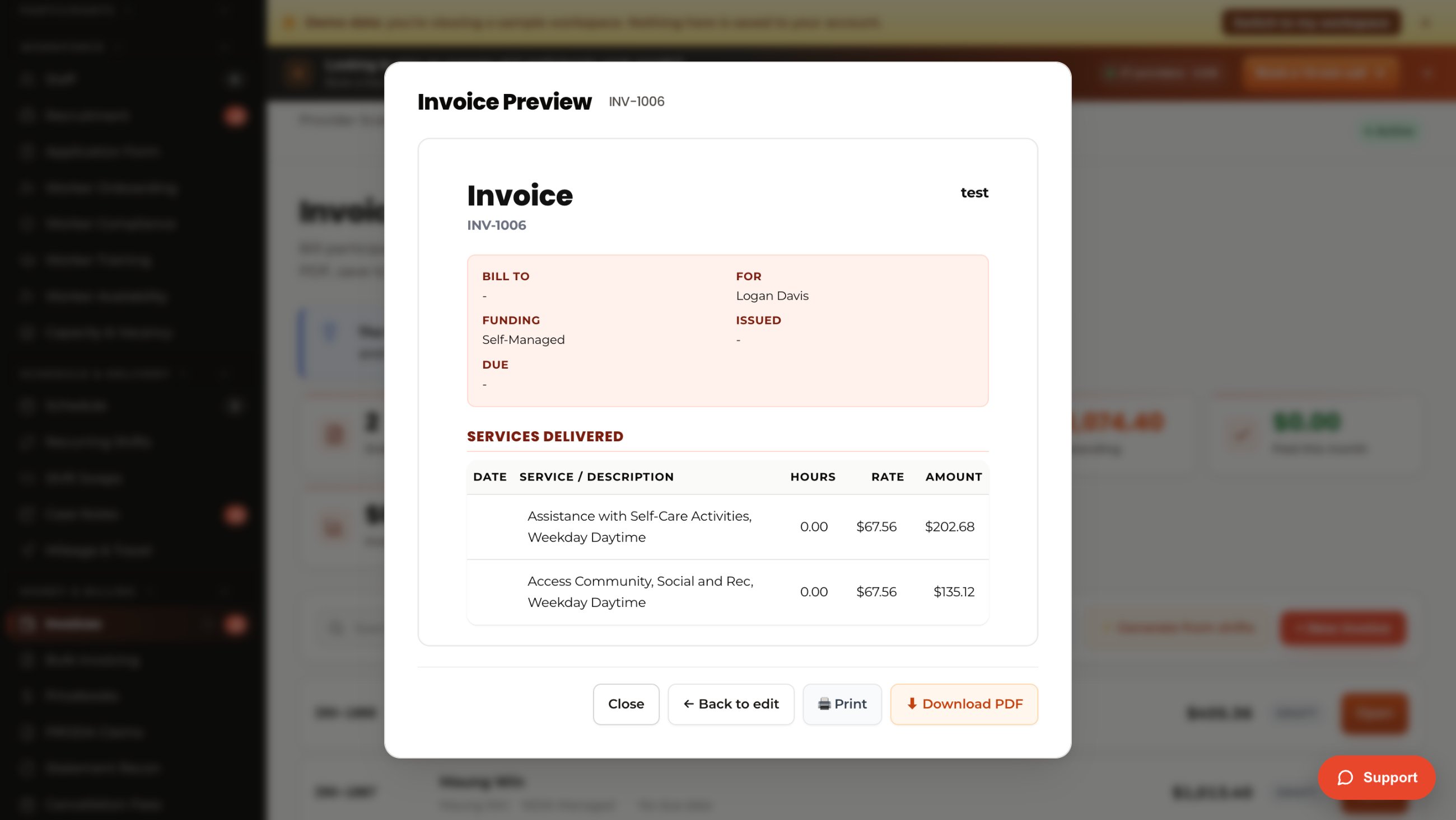 Invoice preview at NDIS price-guide rates ready to send or export