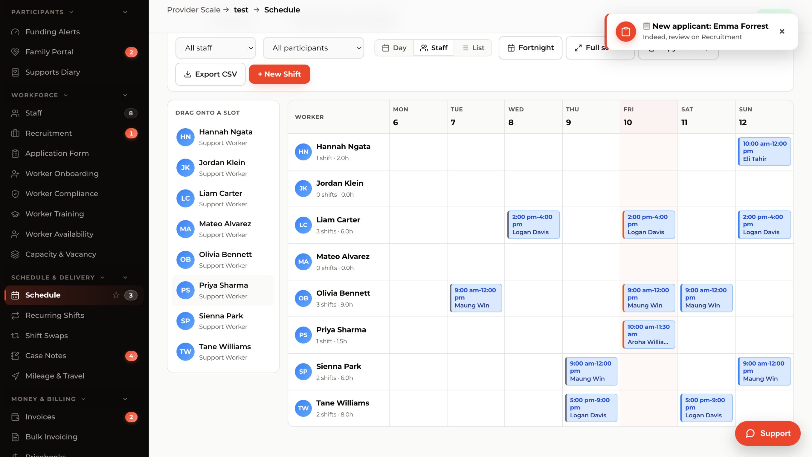 Weekly staff schedule with drag-and-drop shifts across workers