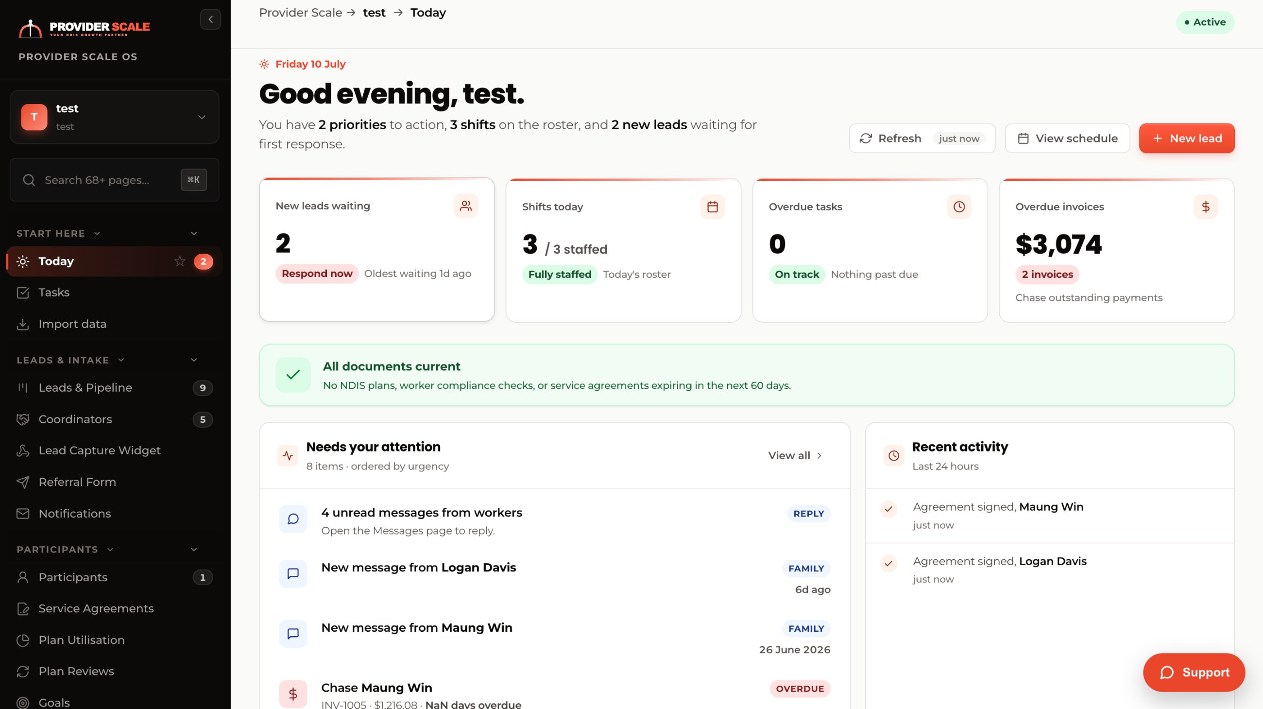 Provider Scale OS Today dashboard showing leads waiting, shifts, overdue tasks and invoices